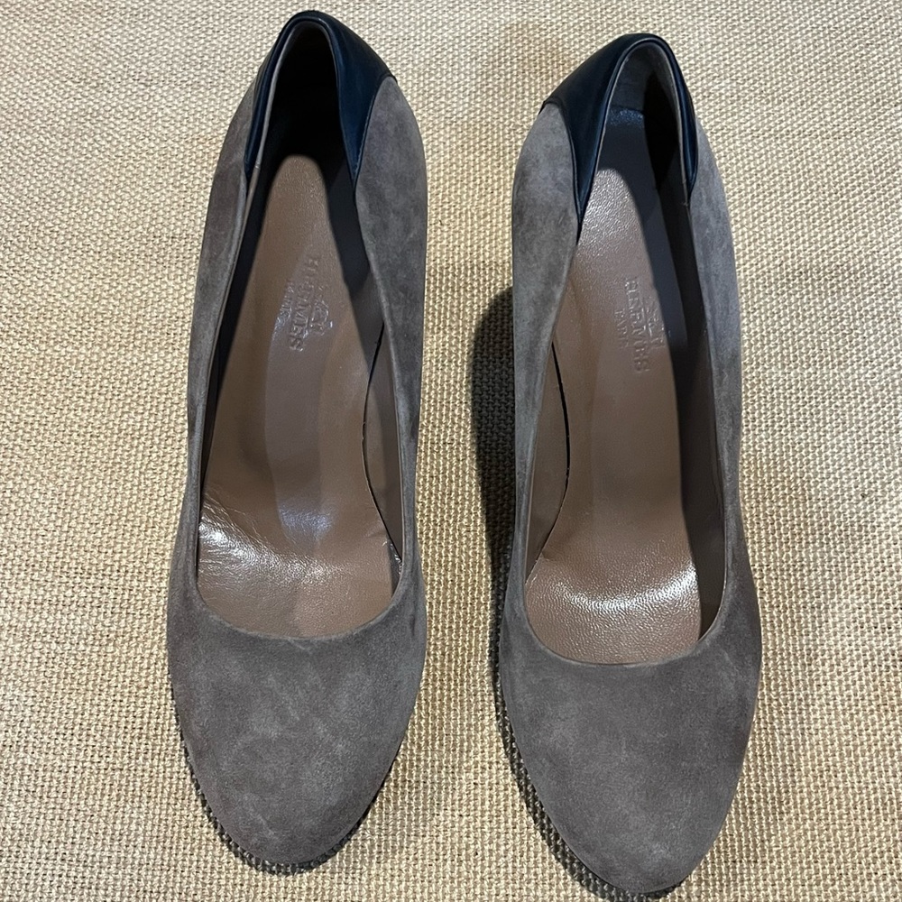 Hermes Gray and Black Suede Heels